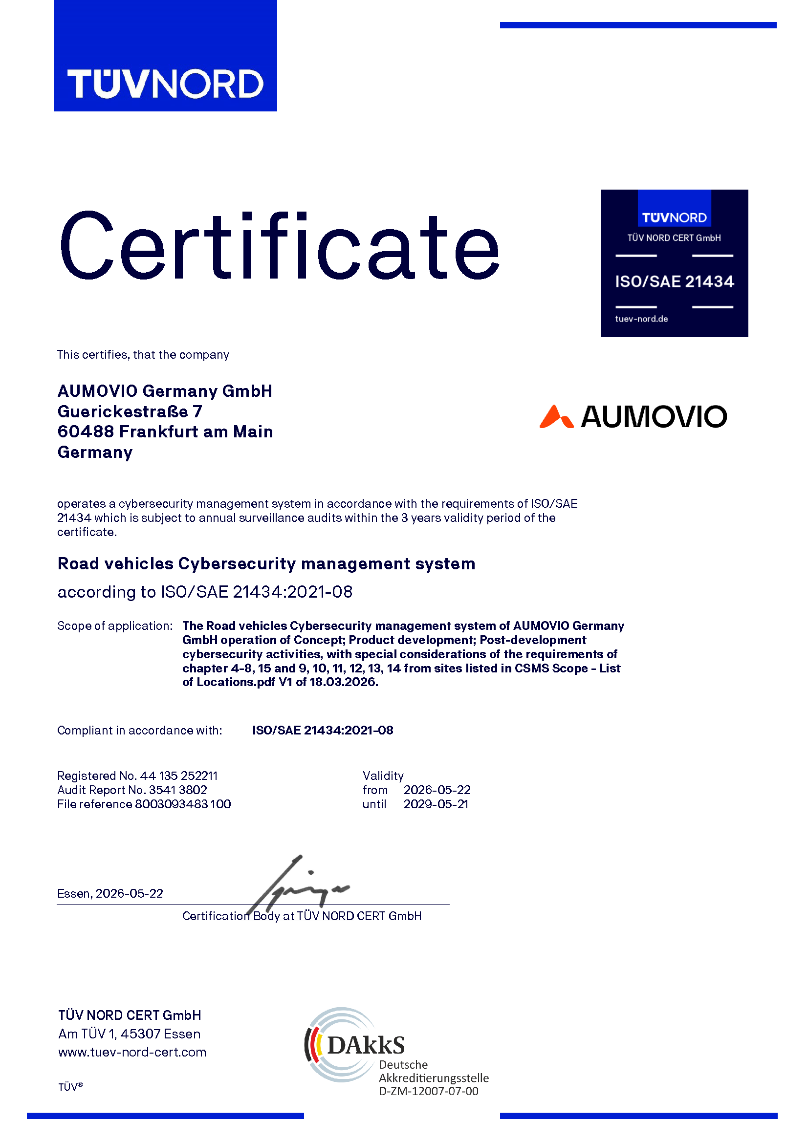 Certificate AUMOVIO Germany ISO21434