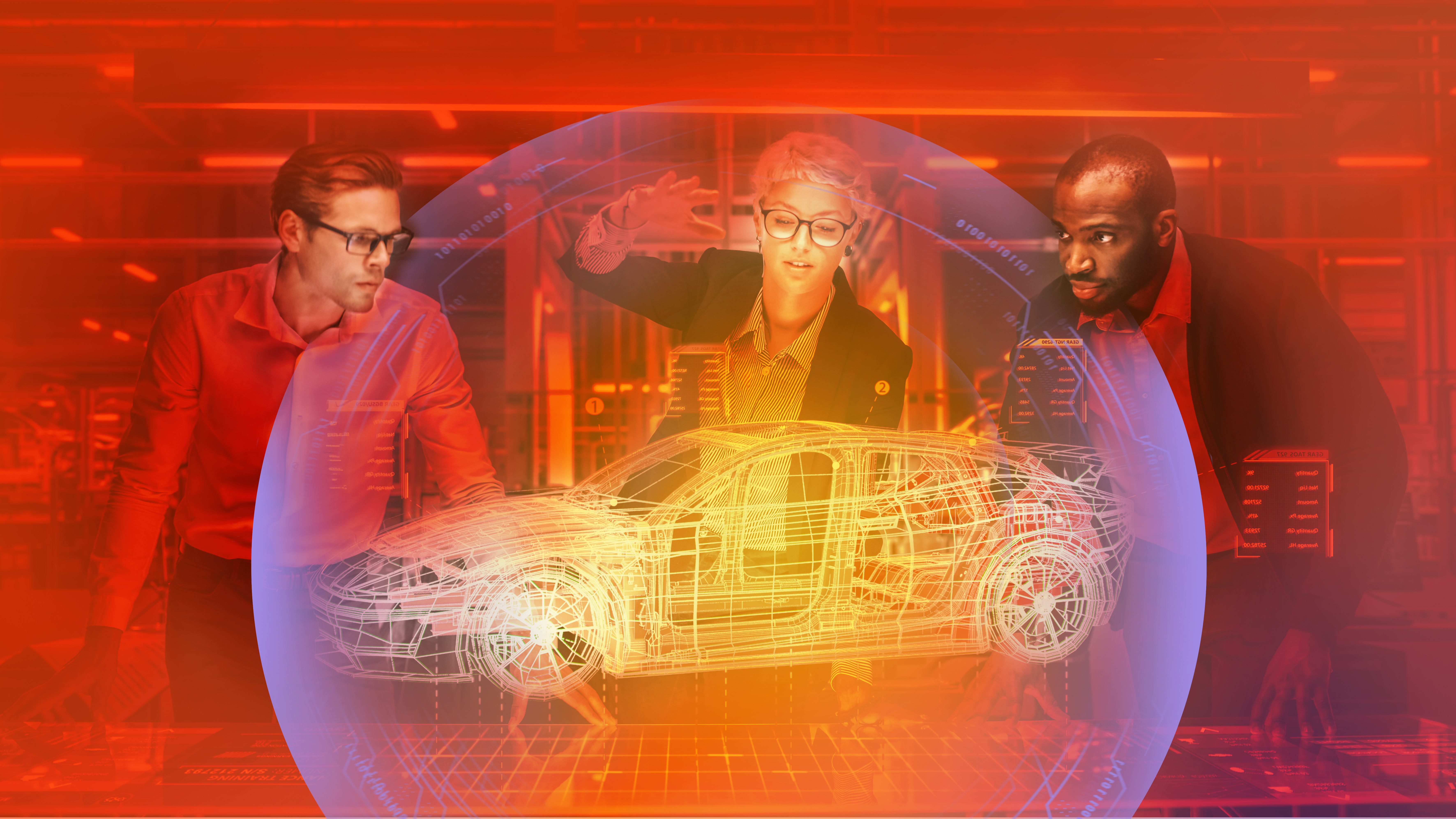 Diverse Team of Engineers Working in Office at Industrial Factory. Industrial Designers Discuss Electric Car Augmented Reality Hologramm. Specialists Work in Technological Car Development Facility.